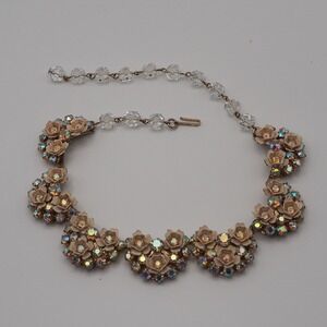 Vintage Leru Necklace Choker Gold Tone Cream Enamel Floral AB Rhinestone Bib